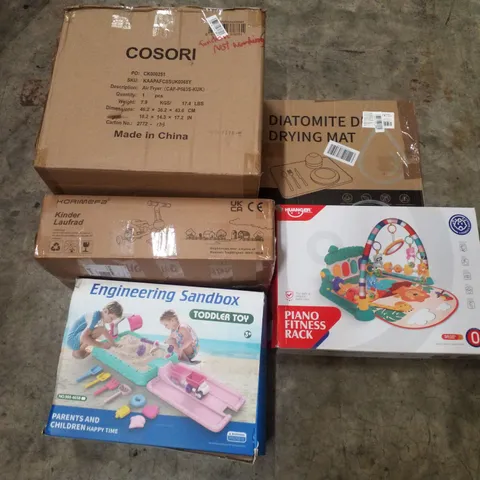 PALLET CONTAINING ASSORTED PRODUCTS INCLUDING AIR FRYER, DRYING MAT, BABY PIANO FITNESS RACK, CHILDRENS TRICYCLE & ENGINEERING SANDBOX TODDLER TOY