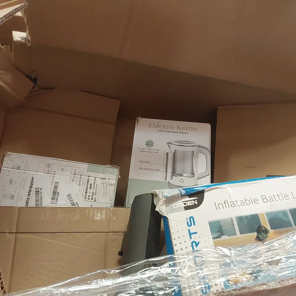 PALLET CONTAINING VARIOUS ASSORTED ITEMS TO INCLUDE: MONITORS, KETTLE, INFLATABLE POOL TOYS ECT