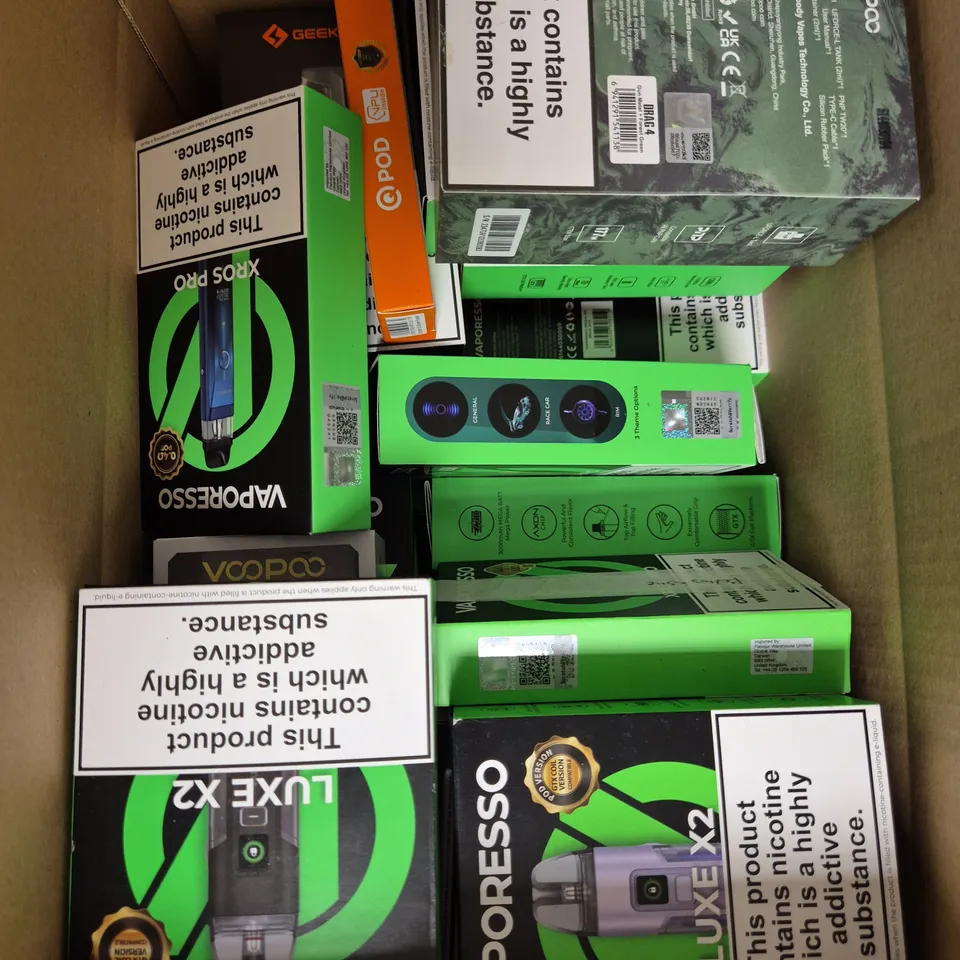 APPROXIMATELY 15 ASSORTED E-CIGARETTE PRODUCTS TO INCLUDE - VAPORESSO, VOOPOO, GEEK VAPE ETC 