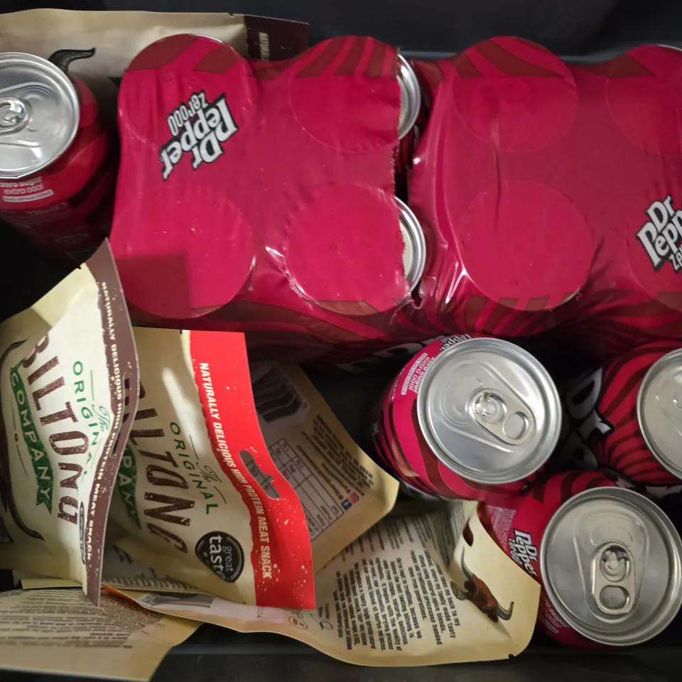 APPROXIMATELY 12 ASSORTED FOOD & DRINK ITEMS TO INCLUDE - BILTONG COMPANY , DR PEPPER ZERO , NUTRI-TEEN SHAKE ETC