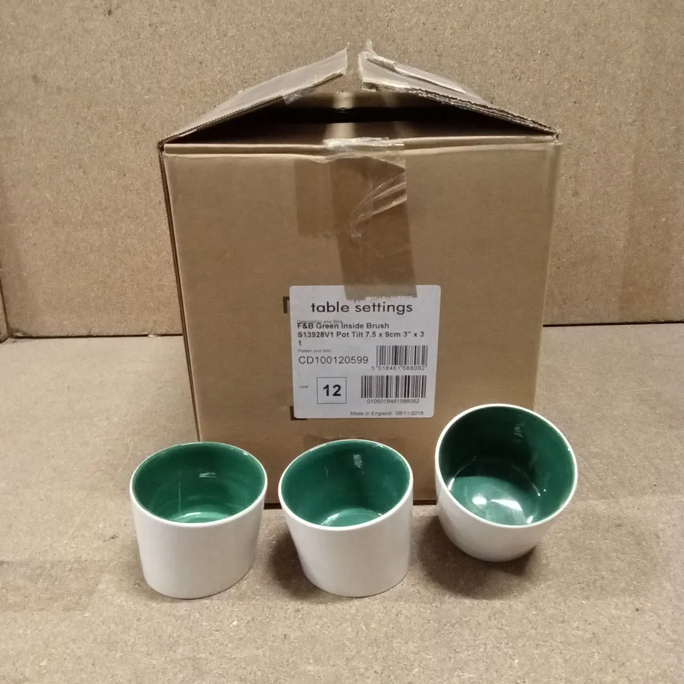 BOX OF APPROXIMATELY 12 F&B GREEN INSIDE BRUSH TILT POTS, 7.5 x 9cm