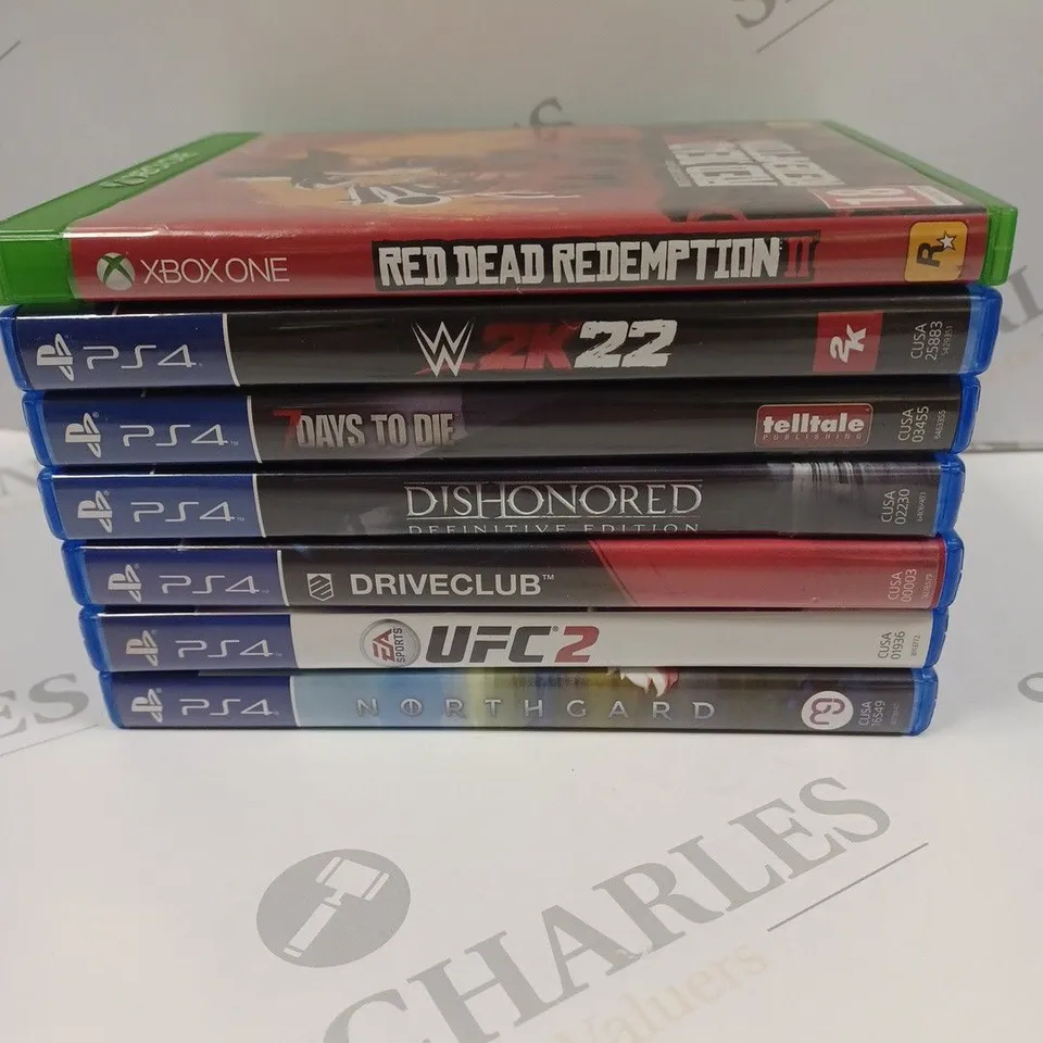 BOX OF 7 ASSORTED GAMES TO INCLUDE WWE 2K22, RED DEAD REDEMPTION 2, 7 DAYS TO DIE, ETC. 