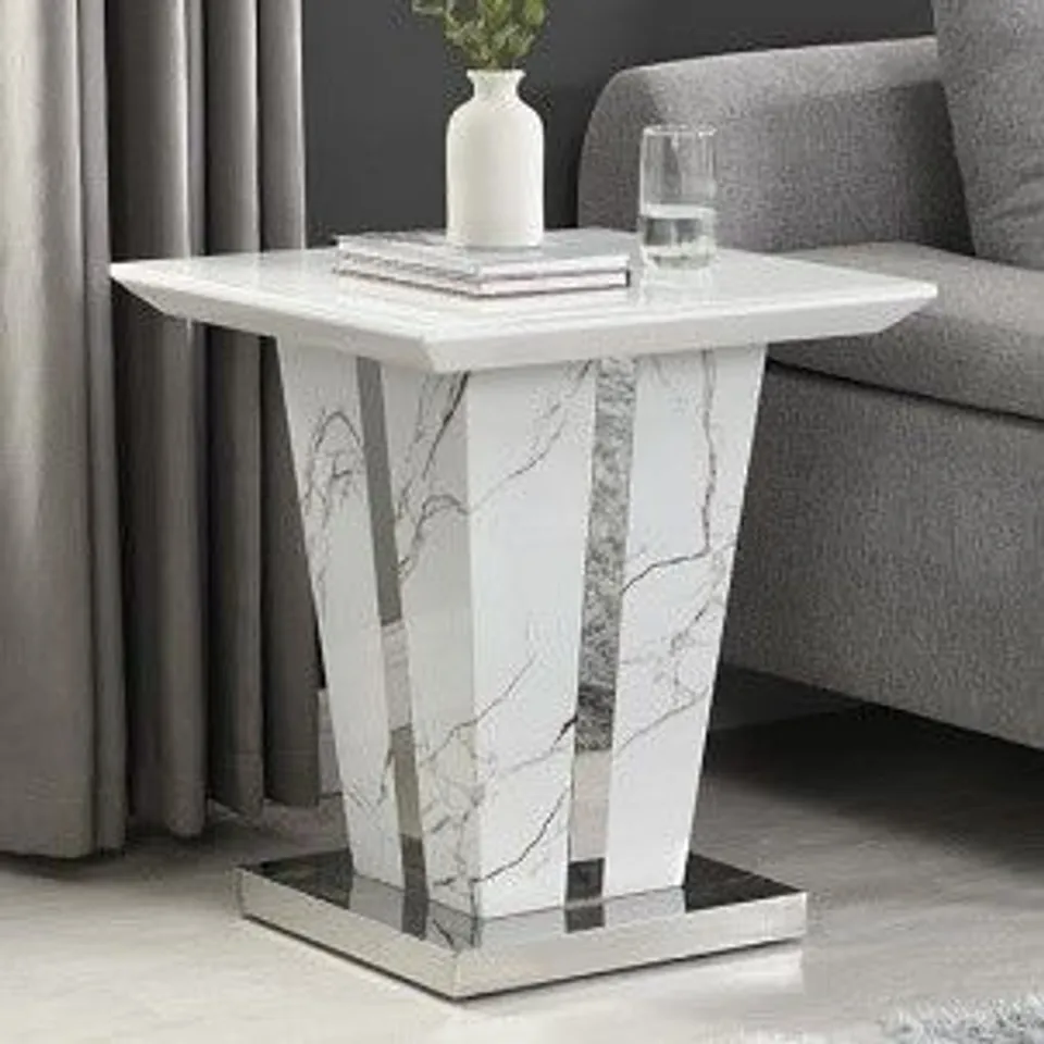 BRAND NEW BOXED MEMPHIS GLASS TOP HIGH GLOSS LAMP TABLE IN VIDA MARBLE EFFECT (2 BOXES)