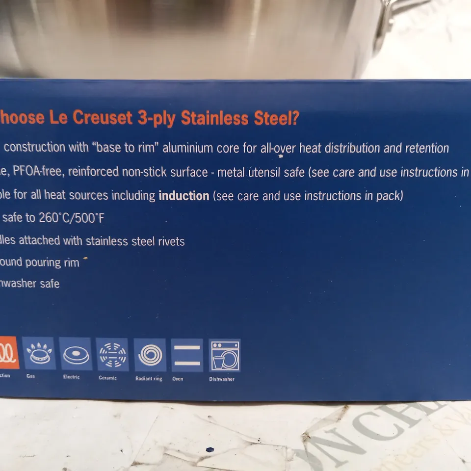 BOXED LE CREUSET 3-PLY STAINLESS STEEL CHEFS PAN 