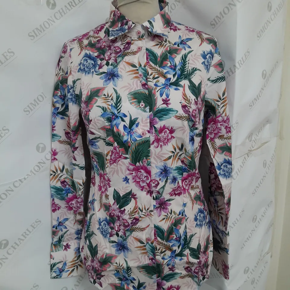 HAWES & CURTIS FITTED BIRD TROPICAL BLOUSE IN CREAM/PINK SIZE 10