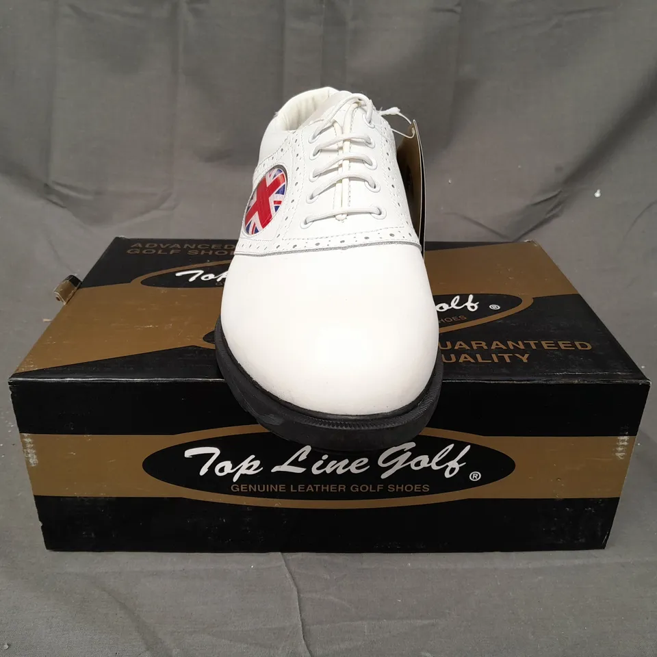 BOX OF APPROXIMATLY 10 BOXED PAIRS OF WHITE/WHITE TOP LINE GOLF SHOES IN VARIOUS SIZES