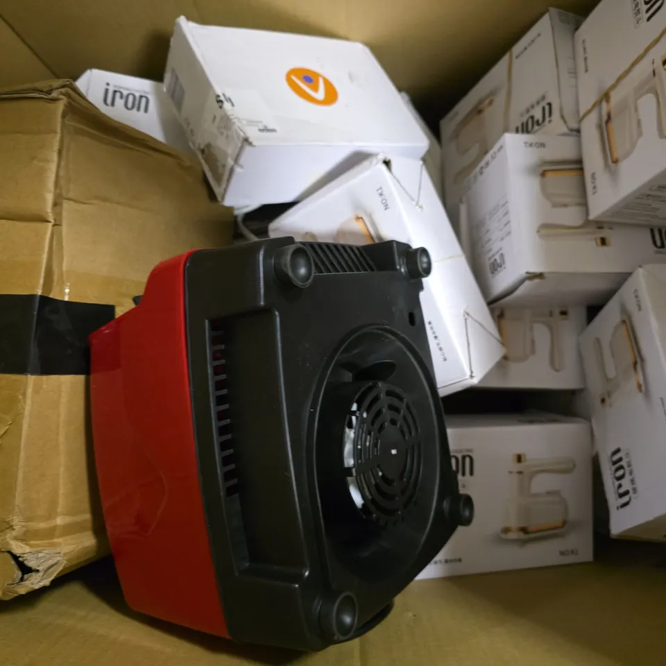 BOX OF APPROXIMATELY 12 ASSORTED ITEMS TO INCLUDE - PRO BREEZE 6 CLIP FAN , ELECTRIC IRON ETC