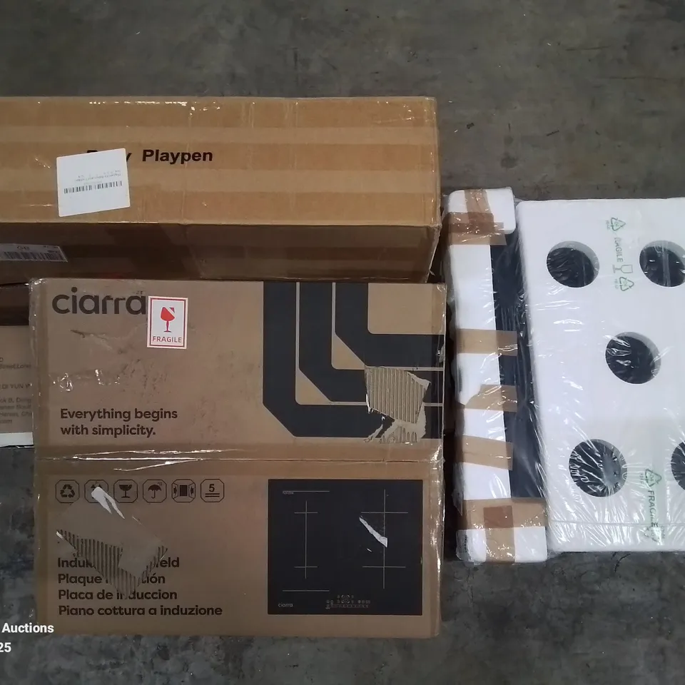 PALLET OF ASSORTED ITEMS TO INCLUDE CIARRA INDUCTION COOKERS, PLAYPEN AND TV STAND