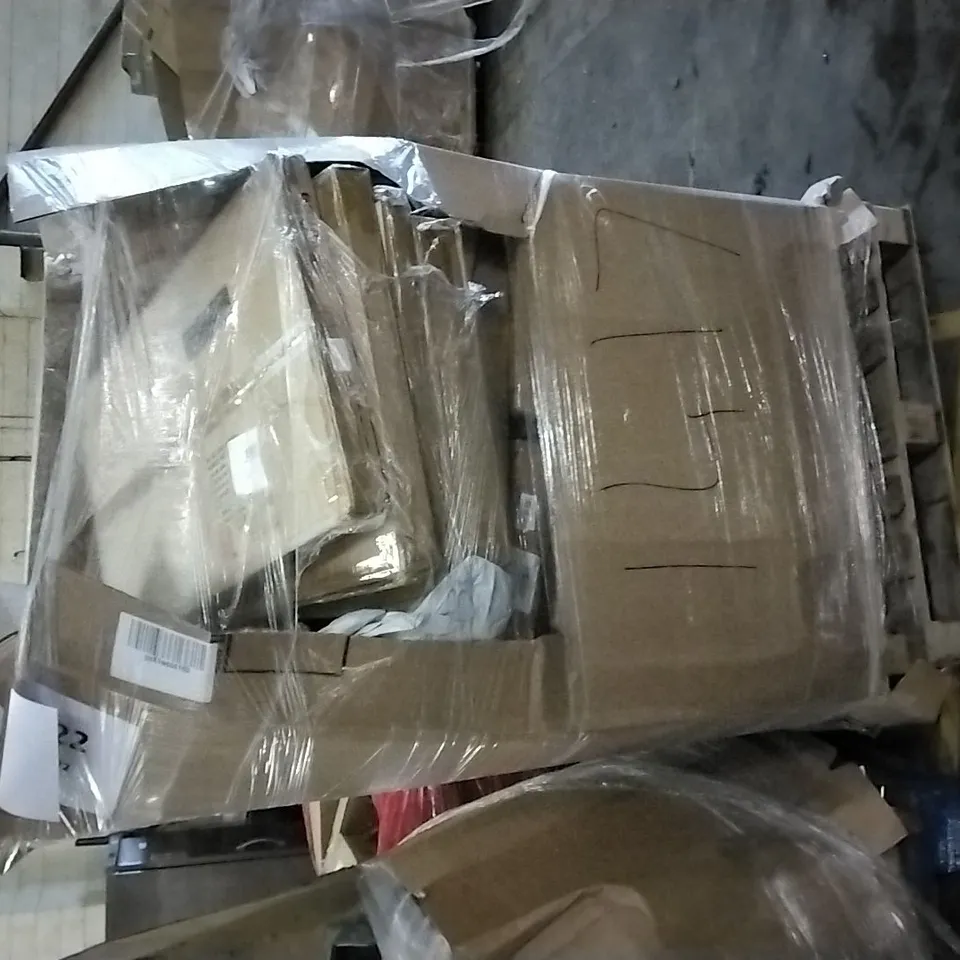 PALLET OF ASSORTED ITEMS INCLUDING BOARD WITH METAL DESK, GREENSEN, FOLDING STORAGE OTTOMAN, ANTI FATIGUE MAT, GREENSTALL LAUNDRY HAMPER 