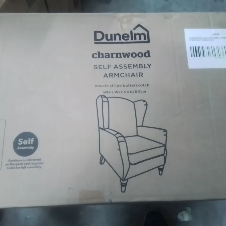 BOXED CHARNWOOD SELF ASSEMBLY ARMCHAIR STRIPE BUTTERSCOTCH 