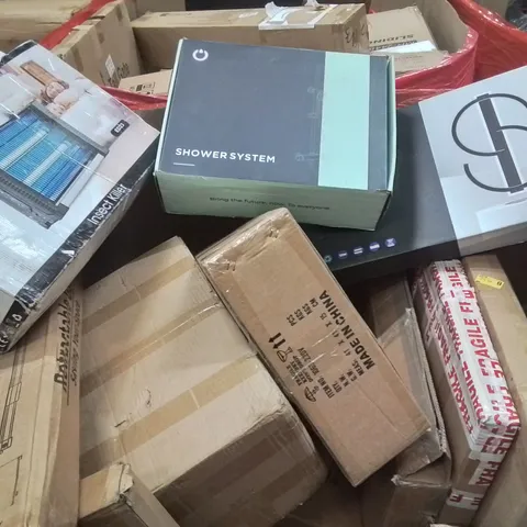 PALLET CONTAINING VARIOUS ASSORTED BOXED HOUSEHOLD ITEMS TO INCLUDE: SMART LIGHT, RETRACTABLE SAFETY GATE, SHOWER SYSTEM, POP UP TENT AND LOTS MORE UNMARKED BOXED ITEMS
