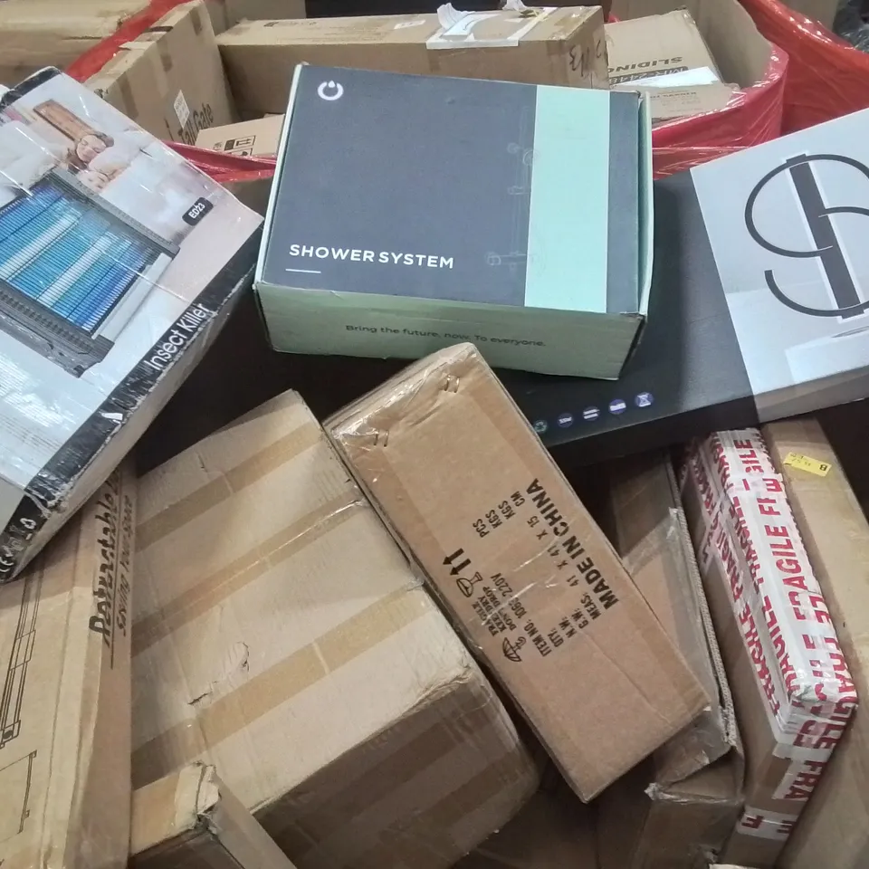 PALLET CONTAINING VARIOUS ASSORTED BOXED HOUSEHOLD ITEMS TO INCLUDE: SMART LIGHT, RETRACTABLE SAFETY GATE, SHOWER SYSTEM, POP UP TENT AND LOTS MORE UNMARKED BOXED ITEMS 