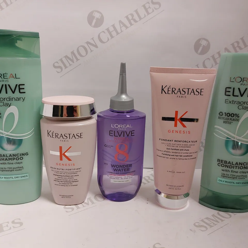 BOX OF APPROX 5 ITEMS TO INCLUDE LOREAL ELVIVE CLAY SHAMPOO, KERASTASE ANTI HAIR FALL SHAMPOO AND LOREAL ELVIVE WONDER WATER