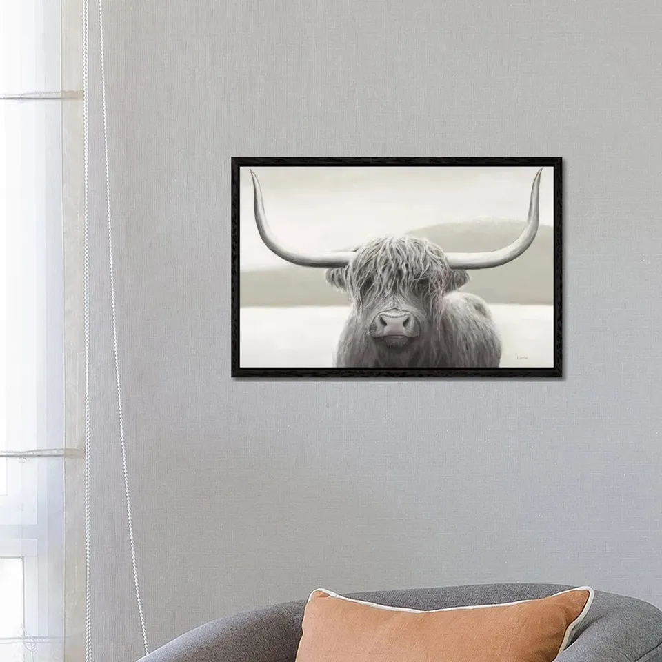 BOXED HIGHLAND COW NEUTRAL BY JAMES WIENS - WRAPPED CANVAS PRINT