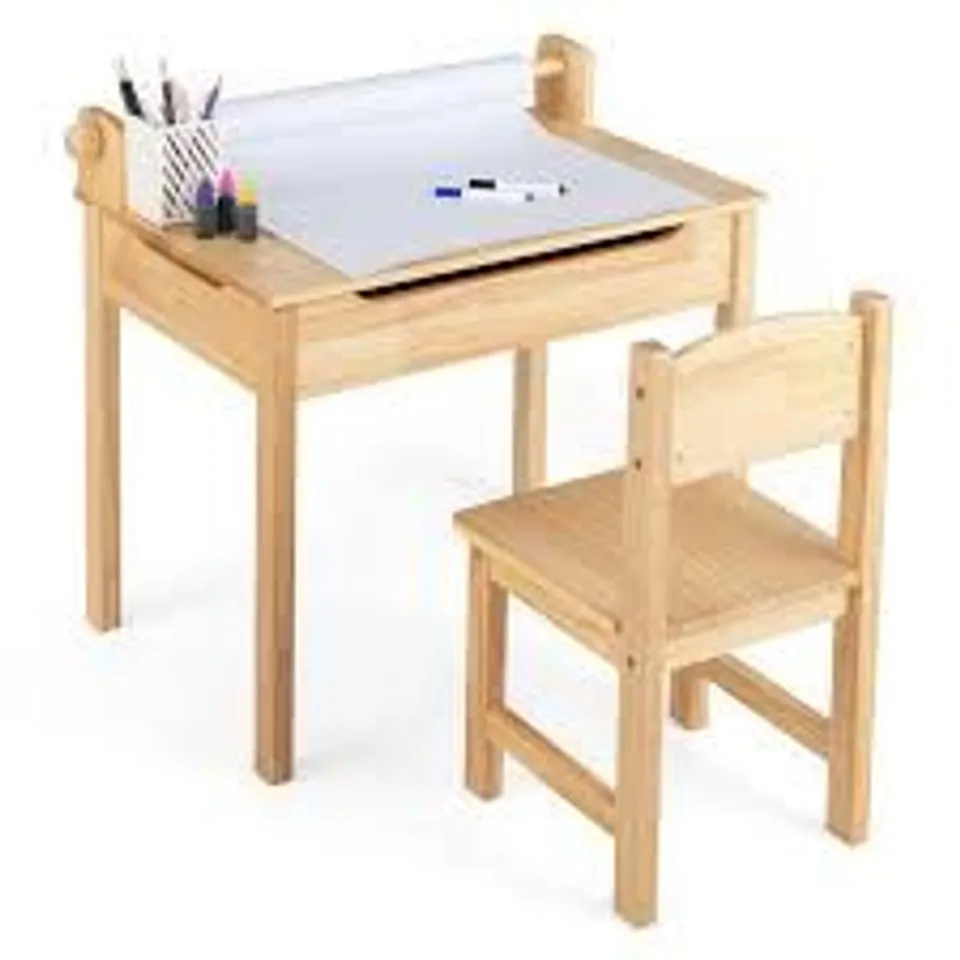 BOXED COSTWAY KIDS NATURAL ACTIVITY TABLE AND CHAIR SET WITH PAPER ROLL HOLDER