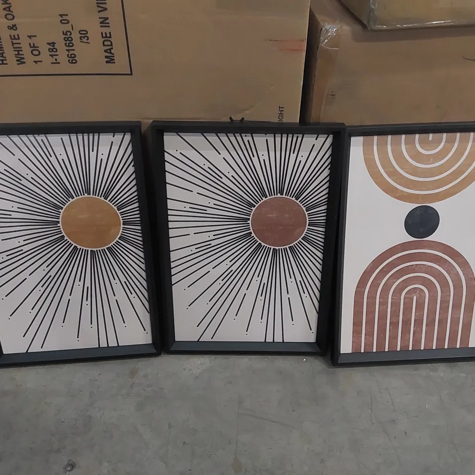 BOXED SET OF 3 FRAMED TERRACOTTA SUN AND BOHEM STRIPED PAINTING SET, BLACK , 33X48 (1 BOX)