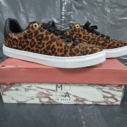 BOXED PAIR OF MODA IN PELLE ARRIA TRAINERS IN LEOPARD SIZE 6 (EU39)
