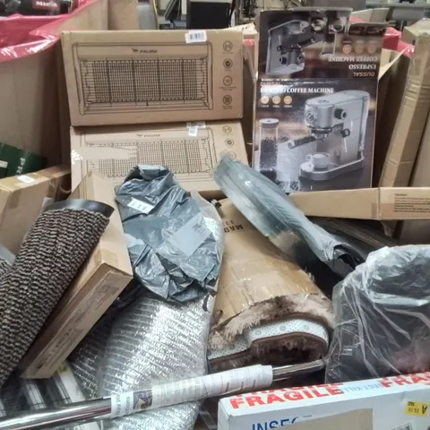 PALLET CONTAINING VARIOUS ASSORTED HOUSEHOLD ITEMS TO INCLUDE: LARGE AREA RUG, SEVERAL BUG ZAPPERS, ESPRESSO COFFEE MACHINE AND LOTS MORE UNMARKED BOXED ITEMS 