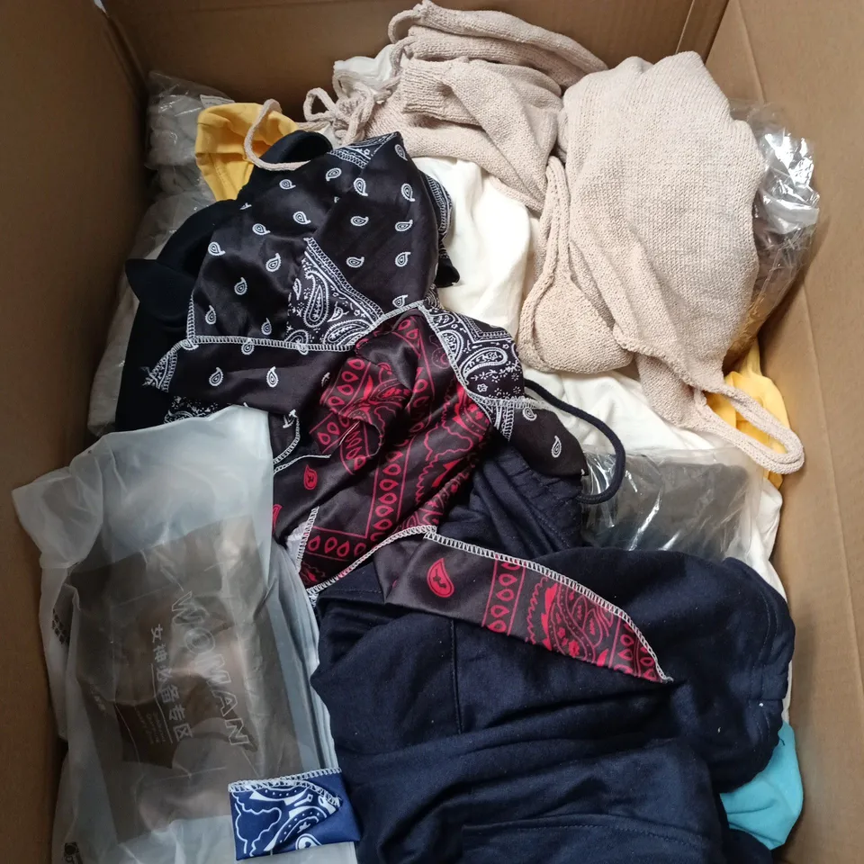 BOX OF APPROXIMATELY 25 ASSORTED CLOTHING ITEMS IN VARIOUS STYLES , COLOURS AND SIZES