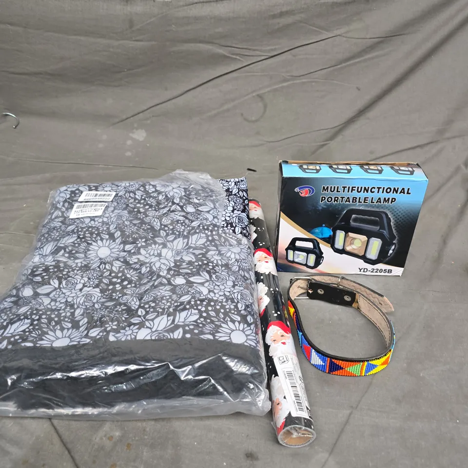 BOX OF APPROXIMATELY 15 ASSORTED HOUSEHOLD ITEMS TO INCLUDE COLOURFUL DOG COLLAR, MULTIFUNCTIONAL PORTABLE LAMP AND CHRISTMAS WRAPPING PAPER