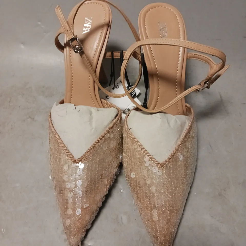 PAIR OF ZARA SEQUIN STRAPPY COURT HEEL, NUDE - UK SIZE 6