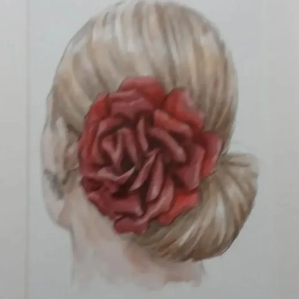 FRAMED ARTWORK – BLONDE WOMAN WITH RED FLOWER IN HAIR