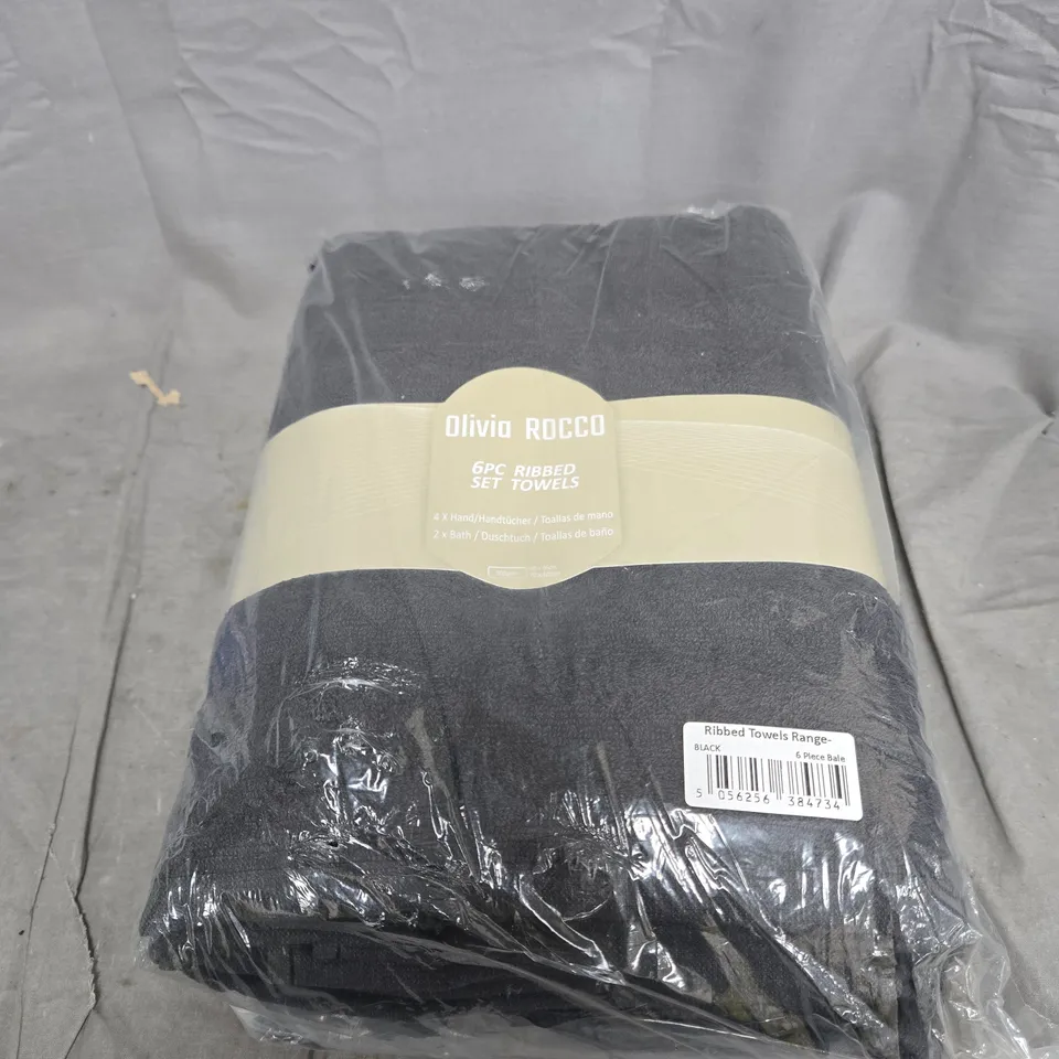 OLIVIA ROCCO 6PC RIBBED TOWELS SET – BLACK (4 HAND TOWELS + 2 BATH TOWELS)