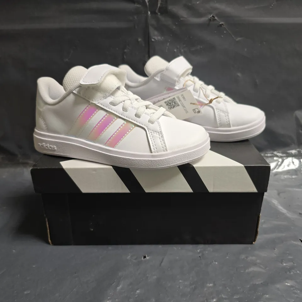BOXED PAIR OF ADIDAS GRAND COURT 2.0 KIDS SHOES IN WHITE/PRISMATIC SIZE UK 11
