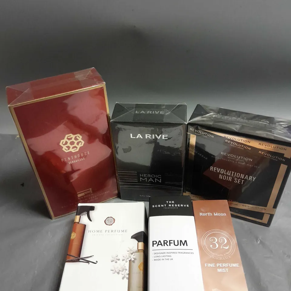 BOX OF APPROXIMATELY 6 ASSORTED BOXED FRAGRANCES TO INCLUDE - THE SCENT RESERVE - REVOLUTION EAU DE TOILETTE & BODY MIST SET - RUE BROCA PENTHOUSE VERSAILLES- ETC