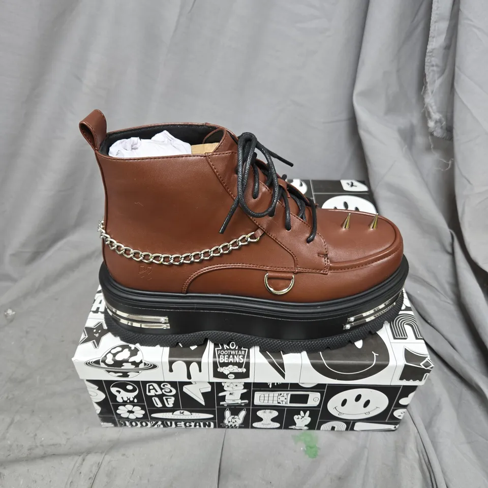 BOXED PAIR OF KOI THE SILENCE PLATFORM GRUNGE BOOTS IN BROWN - SIZE 6