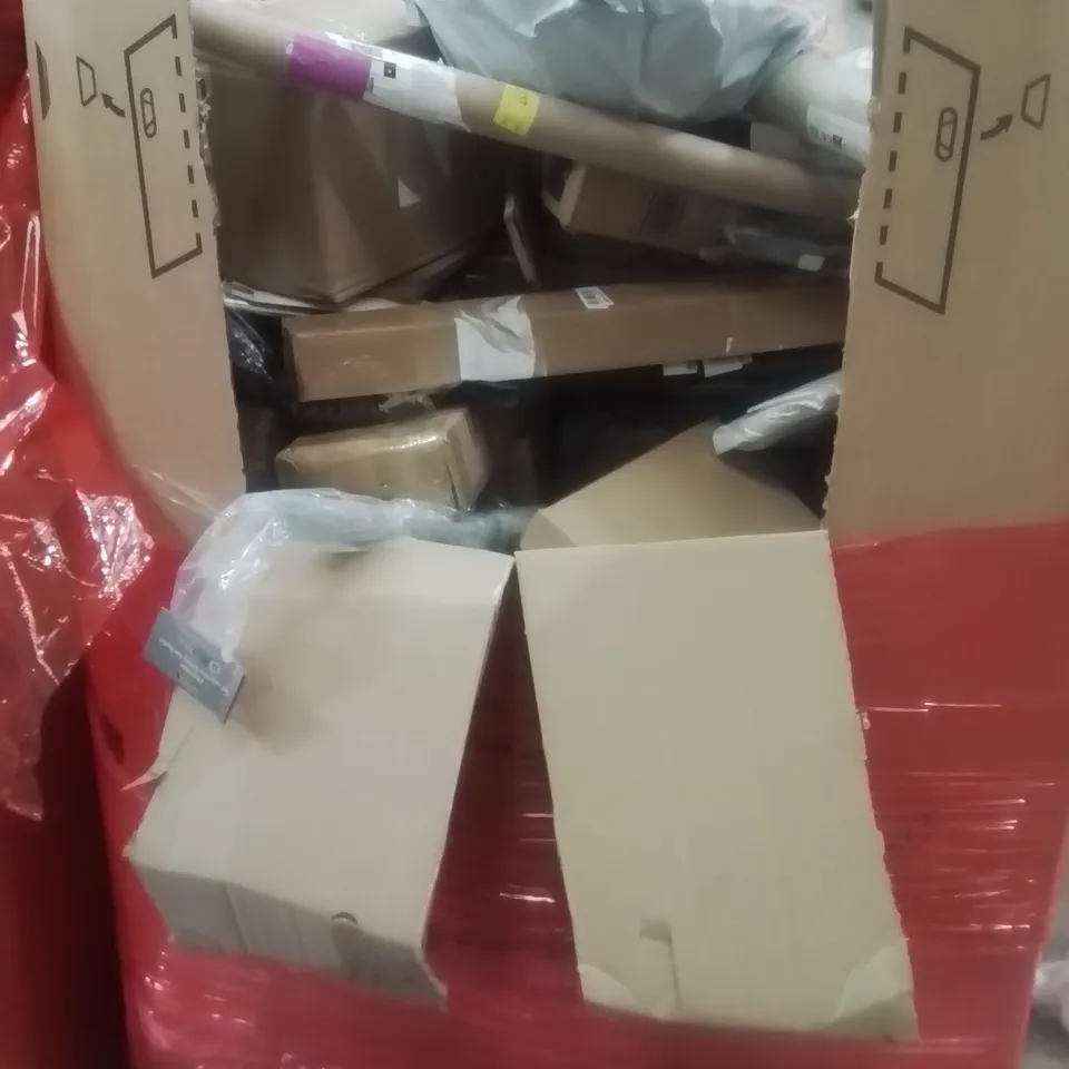 PALLET CONTAINING ASSORTED ITEMS TO INCLUDE: SHOWER, RETRACTABLE SAFETY GATE, WINDOW FILM AND SPRING LOADED TENSION ROD ETC...