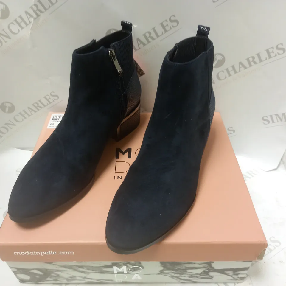 BOXED LILITH NAVY SUEDE CAGE HEEL ANKLE BOOTS - SIZE 6