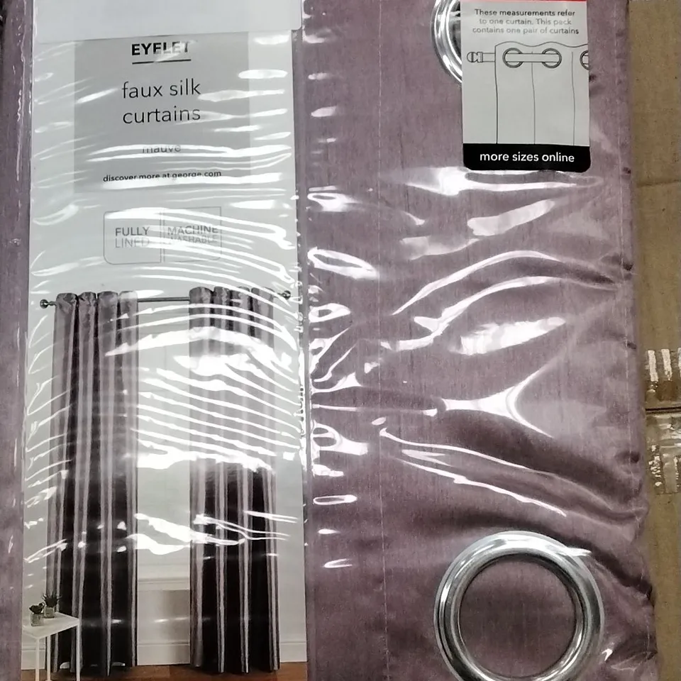 BOX OF 4 BRAND NEW EYELET FAUX SILK CURTAINS MAUVE 168 X 228CM