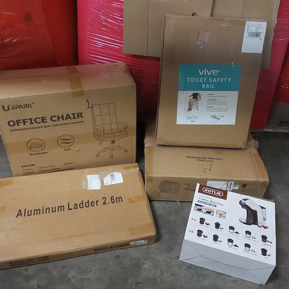 PALLET CONTAINING ASSORTED CONSUMER PRODUCTS TO INCLUDE: OFFICE CHAIR, ALUMINIUM LADDER, COFFEE MACHINE, TOILET SAFETY RAIL ECT