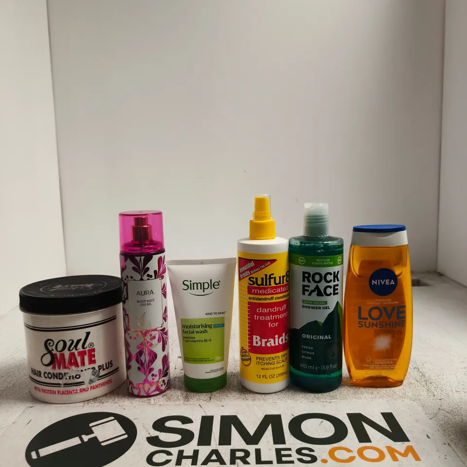APPROXIMATELY 15 ASSORTED BEAUTY PRODUCTS INCLUDING NIVEA LOVE SUNSHINE SHOWER GEL, ROCK FACE ORIGINAL SHOWER GEL AND SULFUR8 MEDICATED DANDRUFF TREATMENT FOR BRAIDS