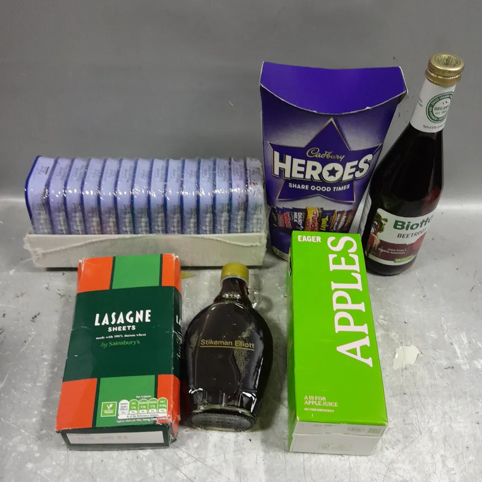 APPROXIMATELY 10 ASSORTED FOOD/DRINK PRODUCTS TO INCLUDE CADBURY HEROS, BIOTA DRINK, EAGER APPLE JUICE ETC - COLLECTION ONLY 