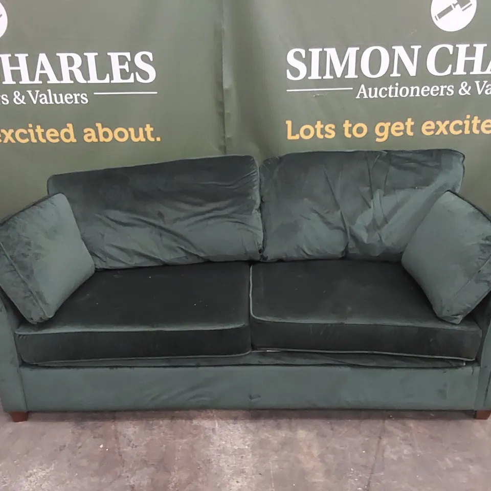 QUALITY DESIGNER 3 SEATER FOREST GREEN VELVET UPHOLSTERED SOFA BED
