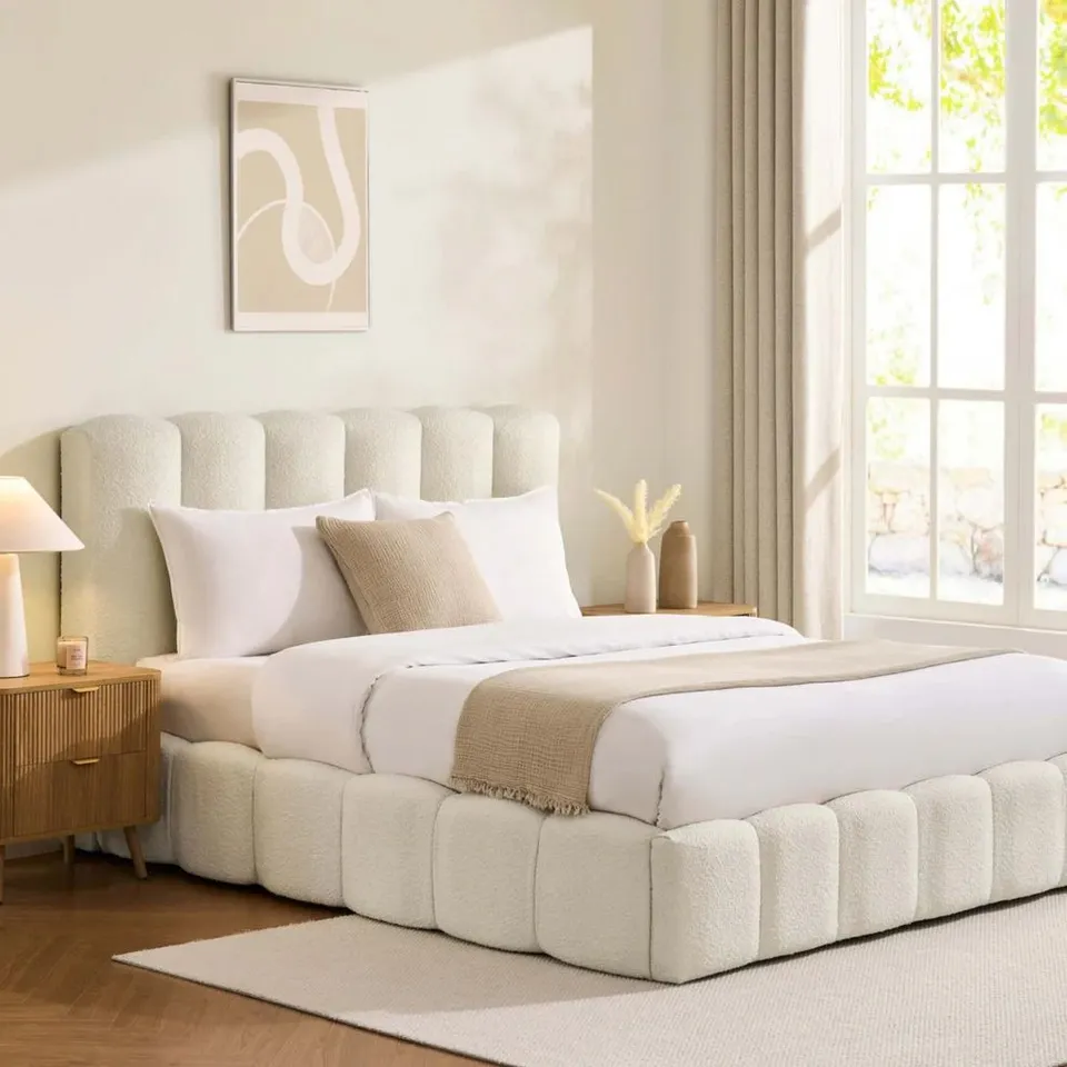 BOXED DUSK CHESHIRE BOUCLE OTTOMAN STORAGE BED - OFF WHITE // SIZE: 4FT6 DOUBLE (2 BOXES)