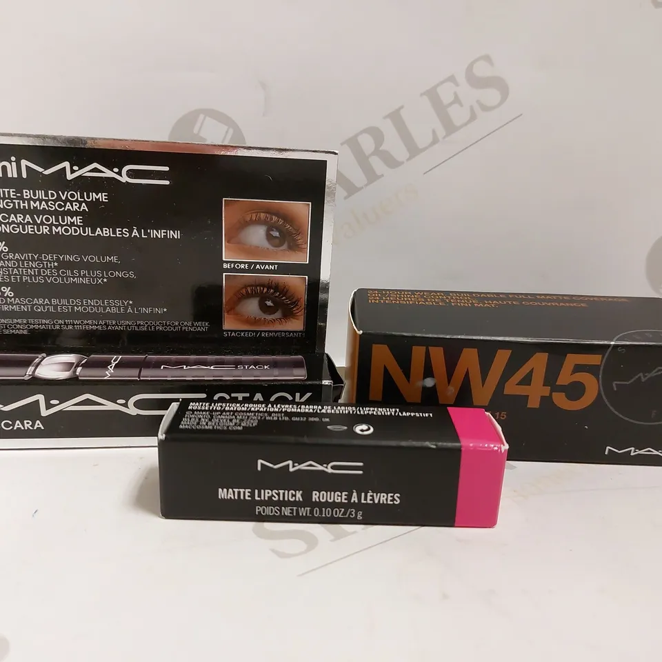 BOX OF 3 M.A.C MAKE UP ITEMS TO INCLUDE M.A.C STACK MASCARA, M.A.C MATTE LIPSTICK, M.A.C STUDIO FIX