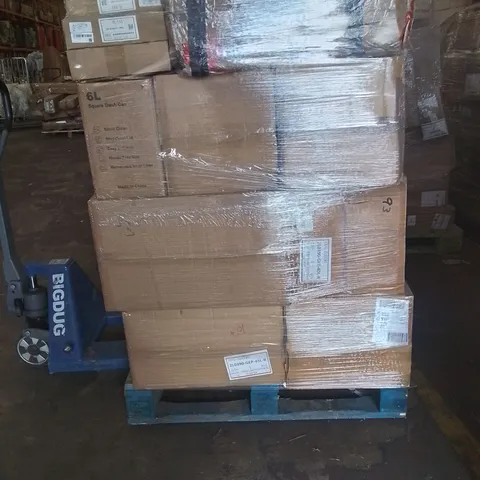 PALLET OF TRASH CANS AND OTHER ASSORTED FLATPACKED PRODUCTS TO INCLUDE;DOG STROLLER,POWER WINDOW REGULATOR
