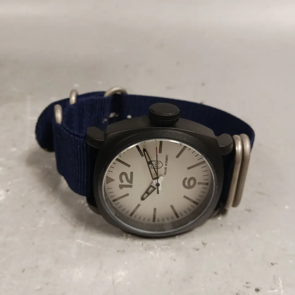 MENS FRANK SCHMIDT WATCH – LARGE BLACK CASE – WHITE PILOT DIAL – BLUE FABRIC STRAP – 3ATM WATER RESISTANT 