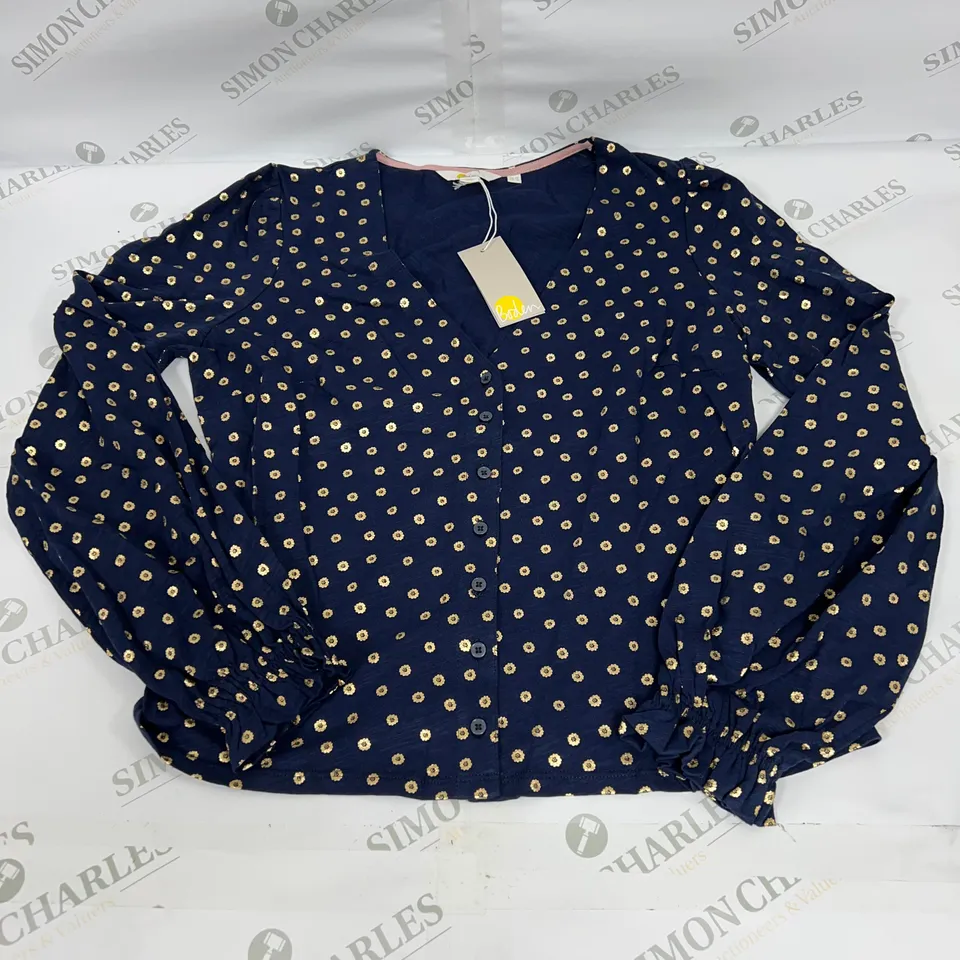 BODEN V NECK BUTTONED TOP WITH GOLD FLORAL PATTERN IN NAVY SIZE 12