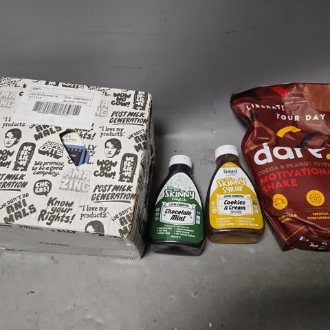 BOX OF ASSORTED FOOD PRODUCTS - INCLUDING  DARE MOTIVATIONAL SHAKE, OATLY 1L WHOLE PACK, AND SKINNY SYRUPS 