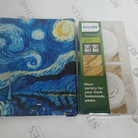 BOX OF APPROXIMATELY 15 ASSORTED HOUSEHOLD ITEMS TO INCLUDE STARRY NIGHT TABLET CASE, PHILIPS SHAPING DISCS, ETC