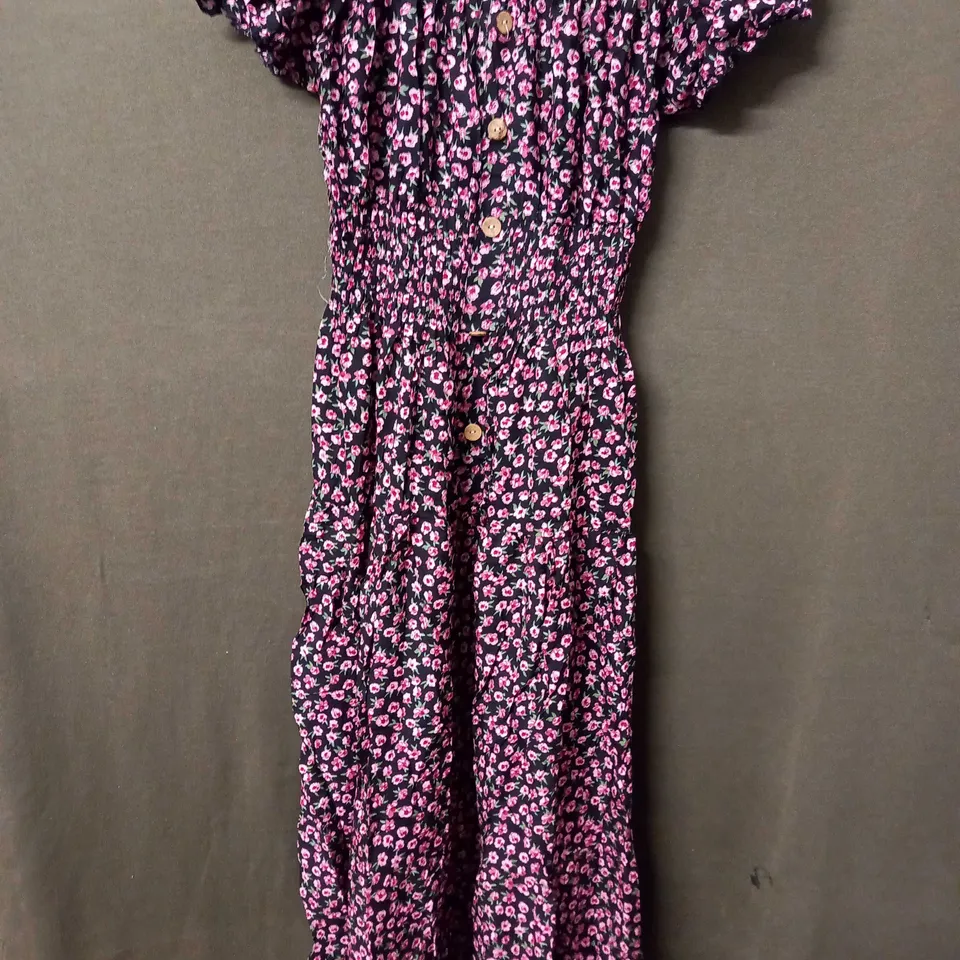 KURT MULLER WOMAN PUFFY SLEEVE MAXI DRESS IN FLORAL DESIGN IN BLACK/PINK - S/M