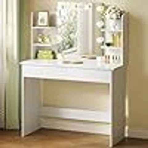 BOXED WOLTU DRESSING TABLE, VANITY DESK, WITH MIRROR AND 10 DIMMABLE LED BULBS, 2 DRAWERS AND 4 SHELVES, WHITE DRESSING TABLE, WHITE, 90X40X135CM
