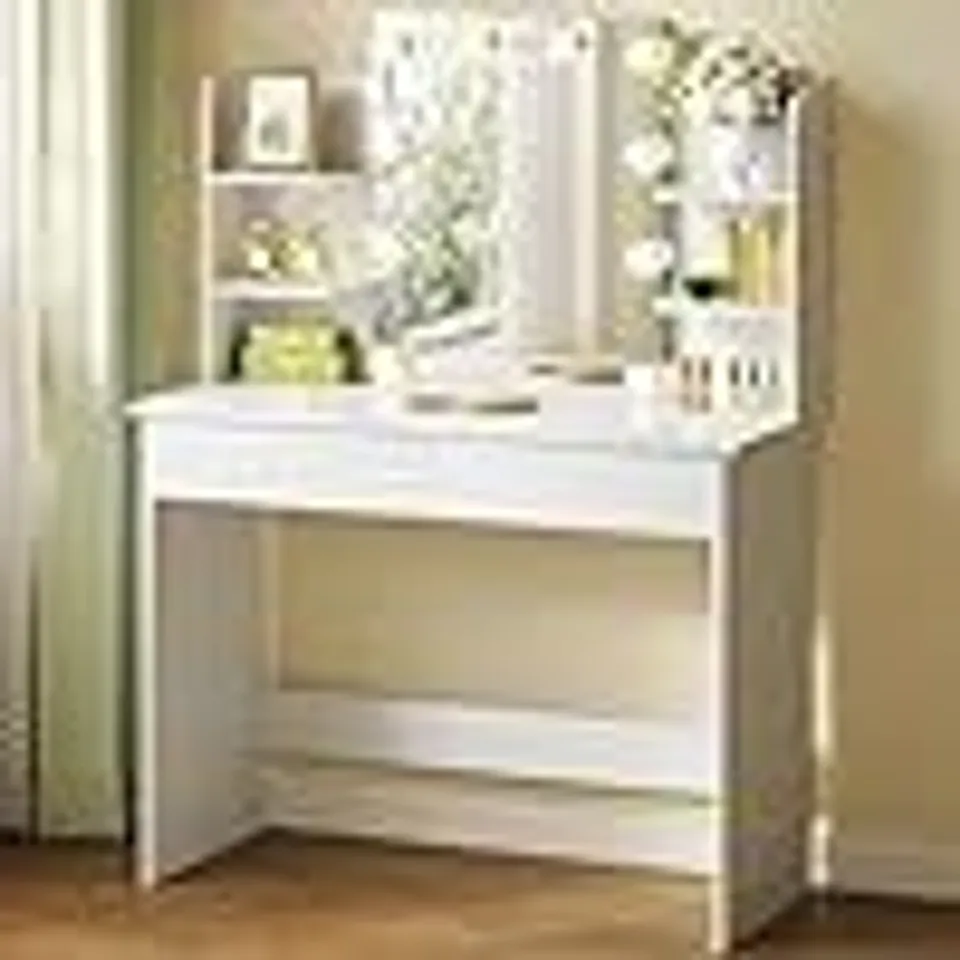 BOXED WOLTU DRESSING TABLE, VANITY DESK, WITH MIRROR AND 10 DIMMABLE LED BULBS, 2 DRAWERS AND 4 SHELVES, WHITE DRESSING TABLE, WHITE, 90X40X135CM