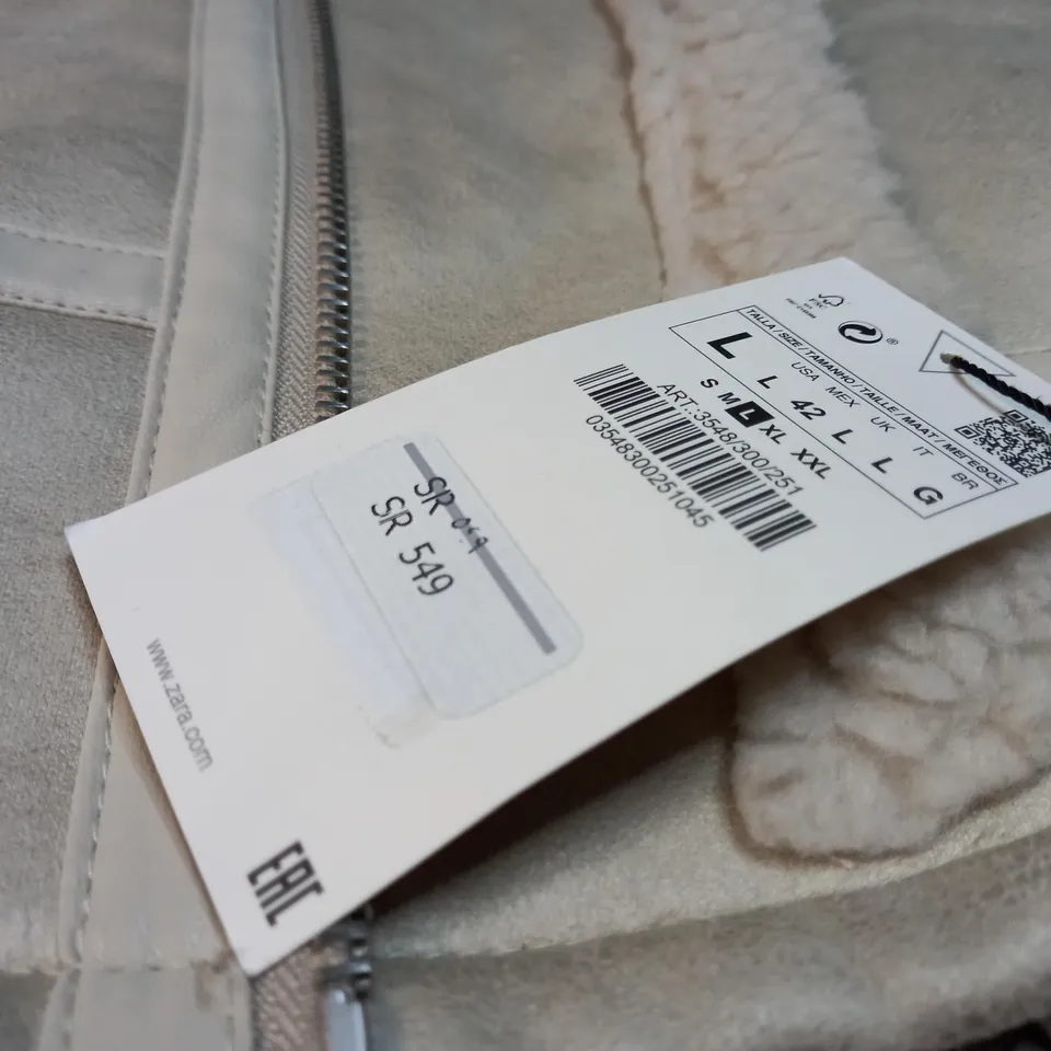 ZARA OFF WHITE BORG LINED BIKER STYLE JACKET - LARGE