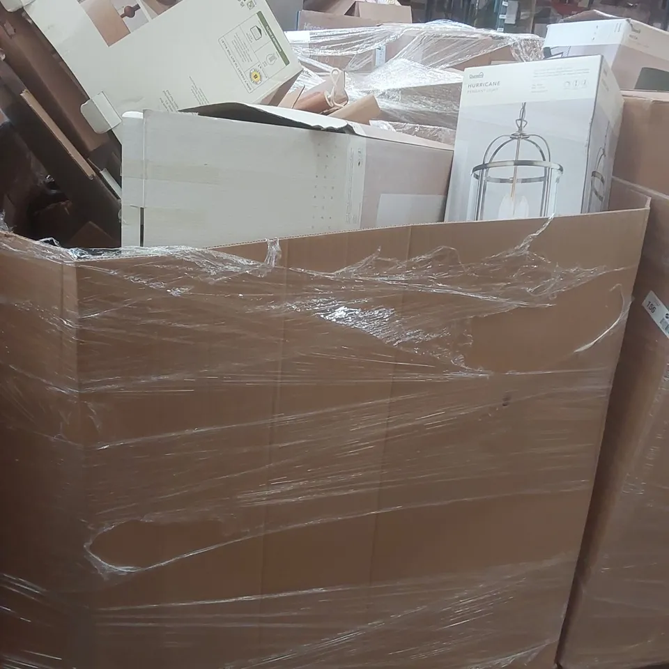 PALLET CONTAINING A VERY LARGE QUANTITY OF ASSORTED DESIGNER LIGHTING PRODUCTS INCLUDING: CLEMENTINE FLOOR LAMP, GRACIE FLOOR LAMP, HURRICANE PENDANT LIGHT ECT