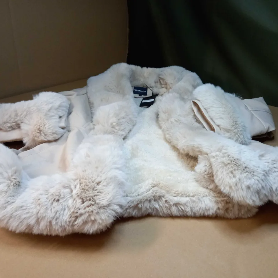 GLAMDOLL BEIGE FAUX FUR LINED/FAUX LEATHER COAT - LARGE